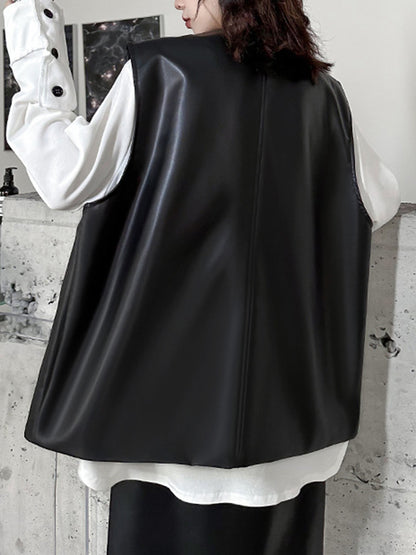 Loose Solid Color V-Neck Sleeveless Buttoned Pockets Vest Top + High Waisted Elasticity Tasseled Skirt Bottom Two Pieces Set