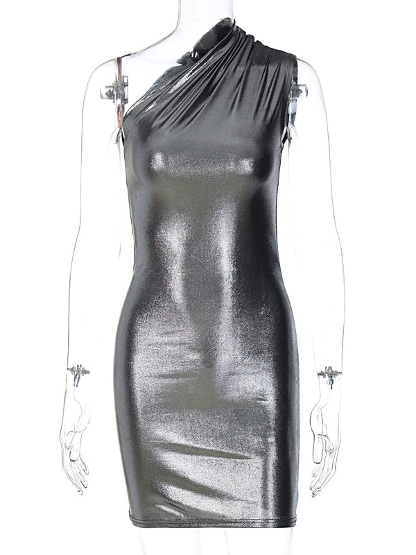Skinny Asymmetric Shiny Solid Color Split-Joint One-Shoulder Evening Dresses Mini Dresses
