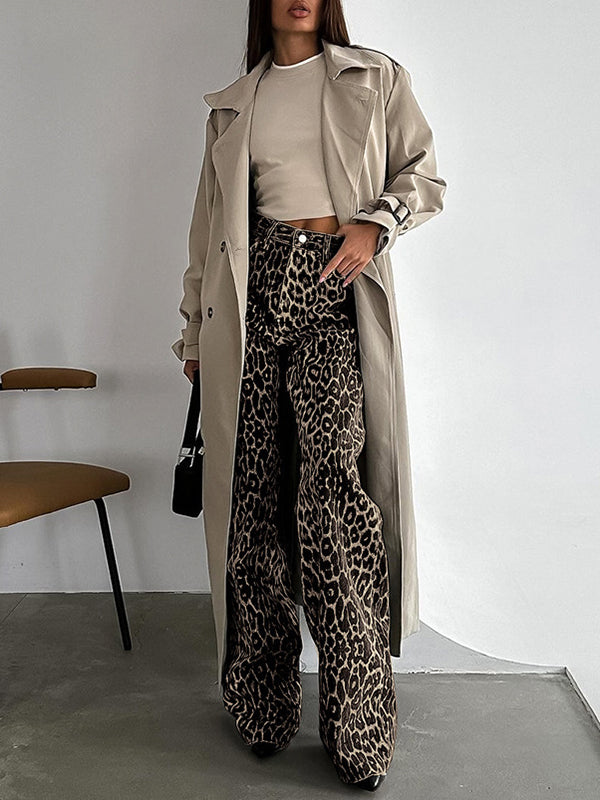 Loose Buttoned Leopard Pockets Split-Joint Pants Trousers