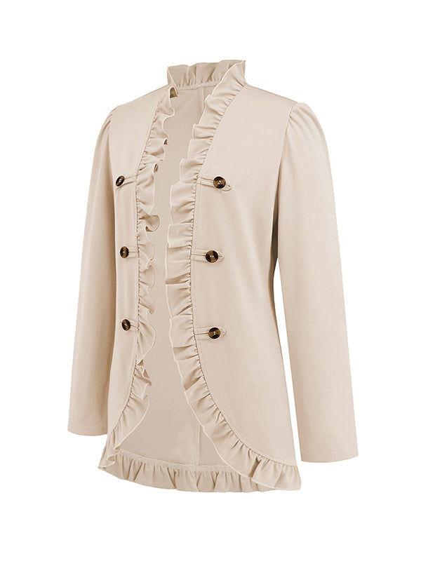 Long Sleeves Loose Buttoned Ruffled Collarless Outerwear