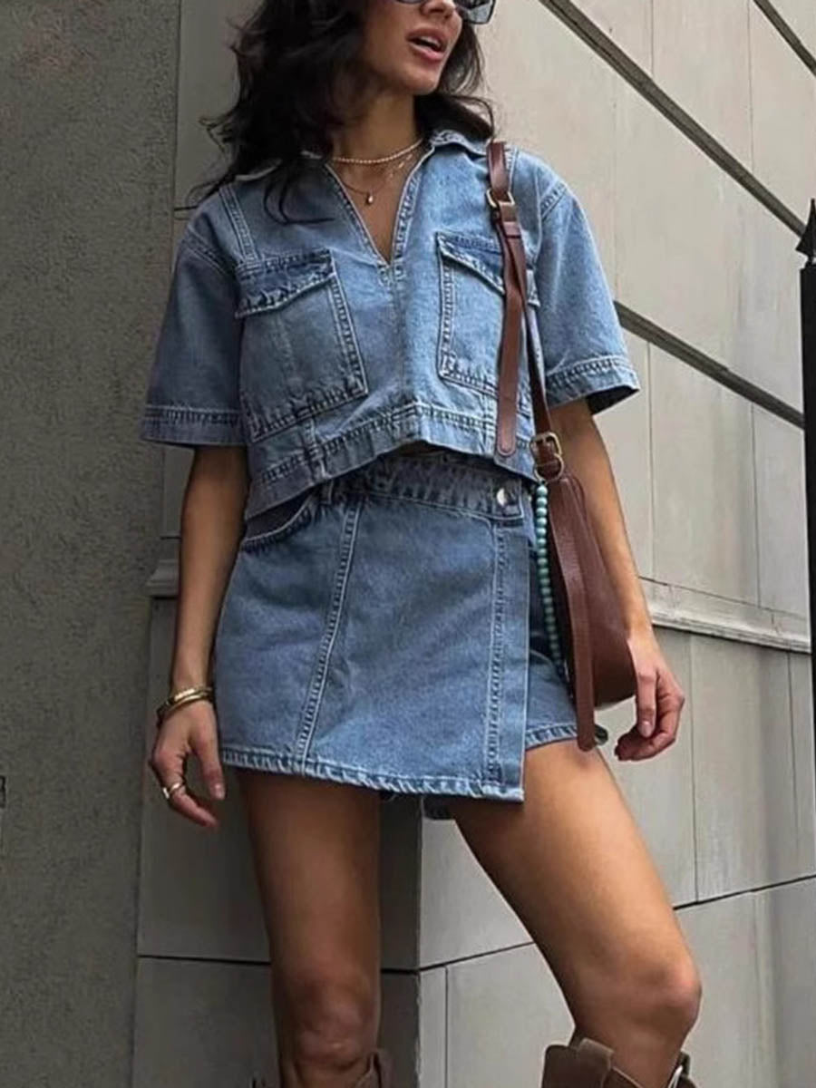 Lapel Short Sleeves Cropped Blouses&Shirts Tops + Buttoned Pockets Asymmetric Denim Shorts Two Pieces Set