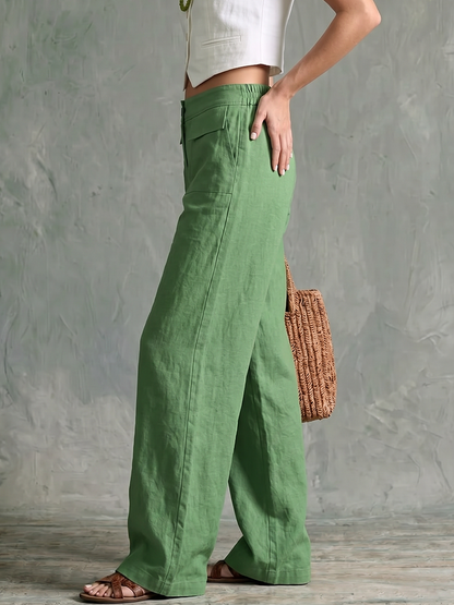 High Waisted Wide Leg Buttoned Elasticity Pockets Solid Color Pants Trousers