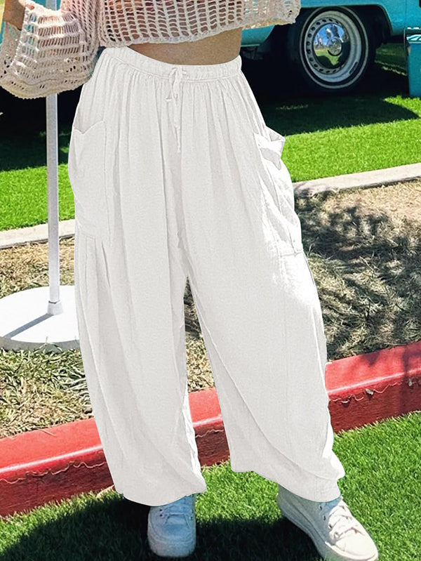 High Waisted Loose Drawstring Elasticity Pleated Pockets Solid Color Ninth Pants Trousers