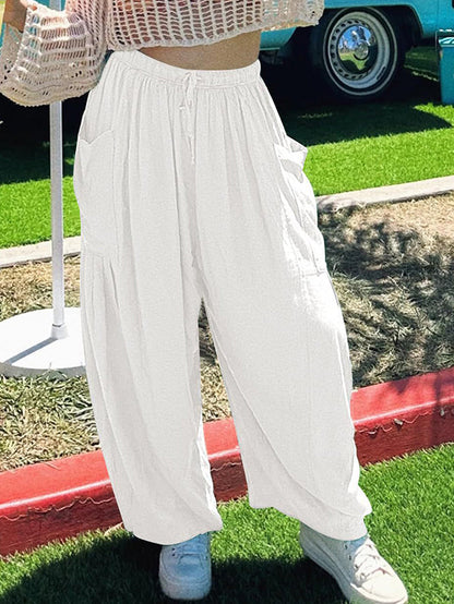 High Waisted Loose Drawstring Elasticity Pleated Pockets Solid Color Ninth Pants Trousers