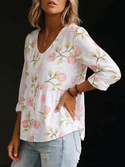 Long Sleeves Loose Buttoned Flower Print V-Neck Blouses&Shirts Tops