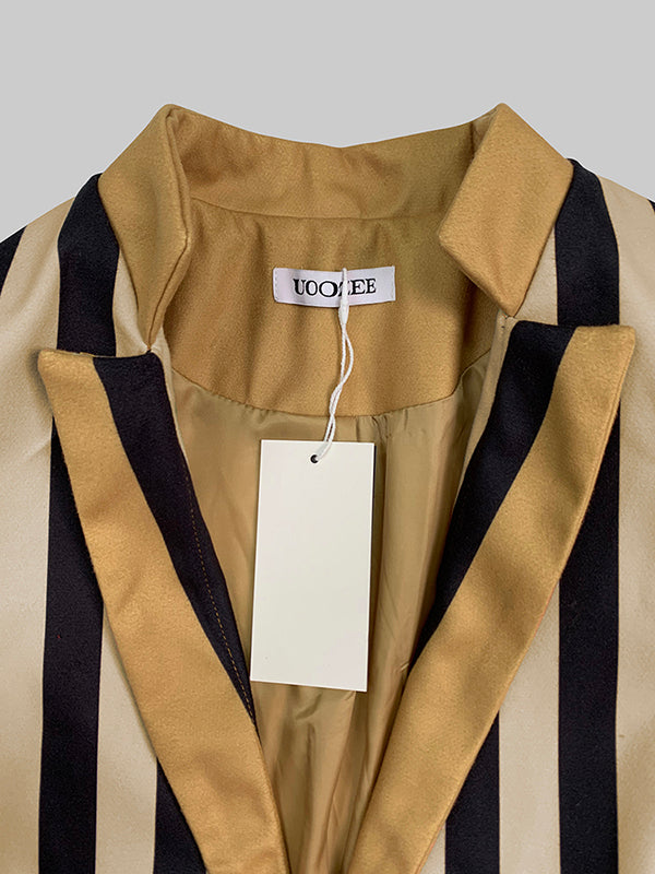 Long Sleeves Loose Buttoned Split-Joint Striped Stand Collar Woolen Coat