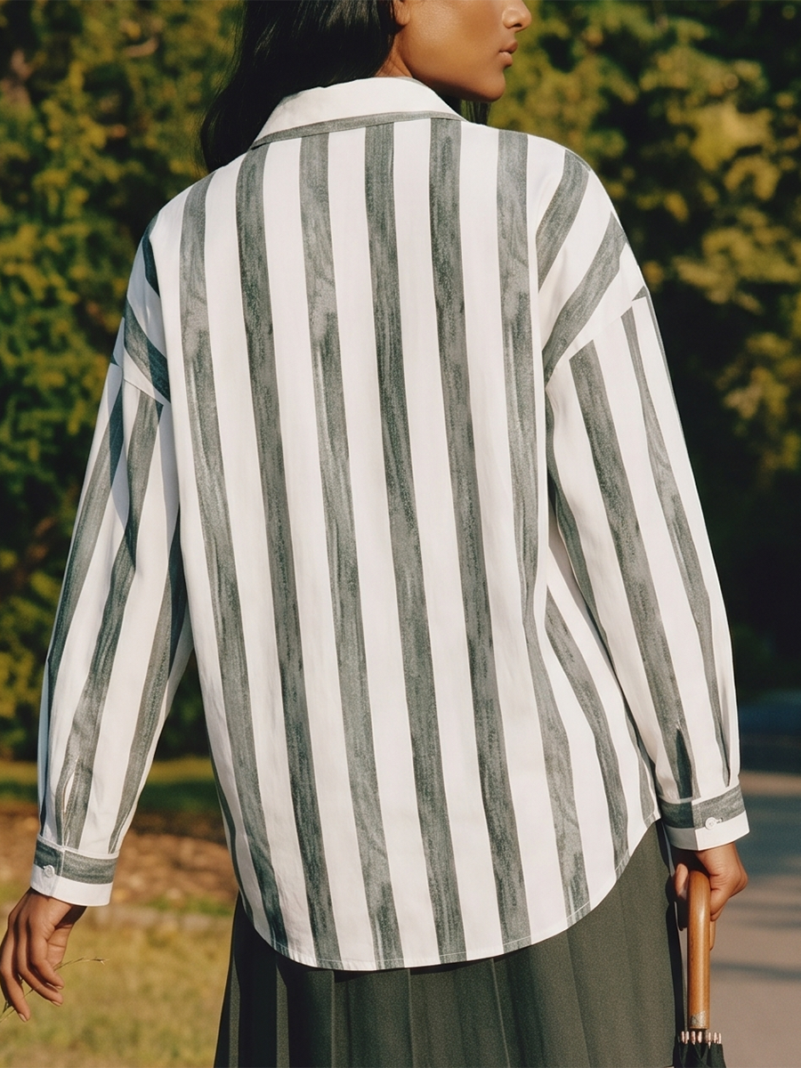 Long Sleeves Loose Buttoned Contrast Color Striped Lapel Blouses&Shirts Tops