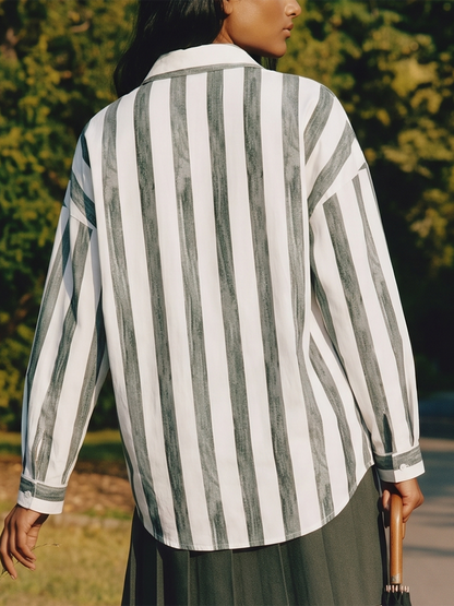 Long Sleeves Loose Buttoned Contrast Color Striped Lapel Blouses&Shirts Tops