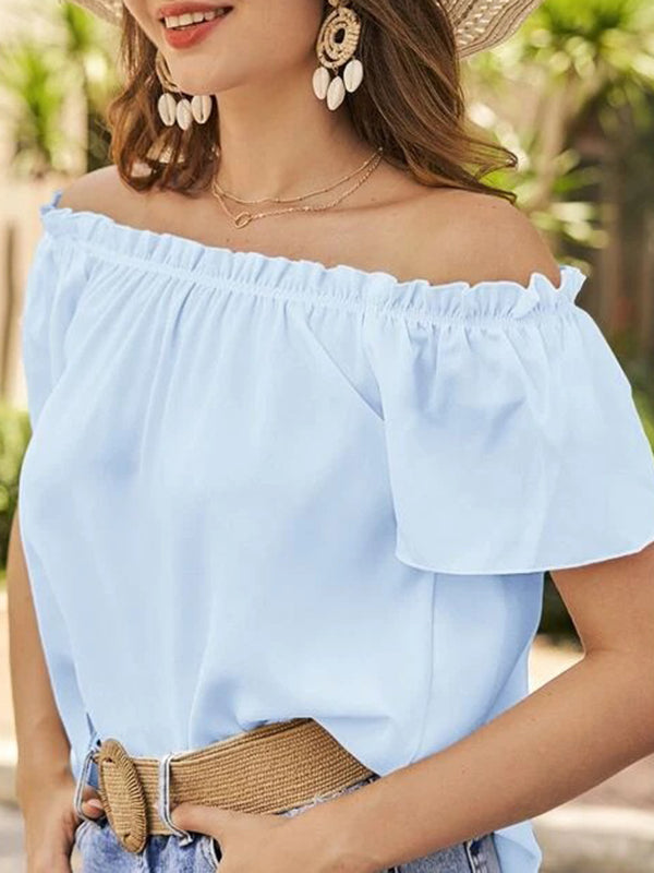 Loose Short Sleeves Elasticity Ruffle Trim Solid Color Off-The-Shoulder Blouses&Shirts Tops
