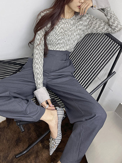 Long Sleeves Skinny Buttoned Round-Neck T-Shirts Tops