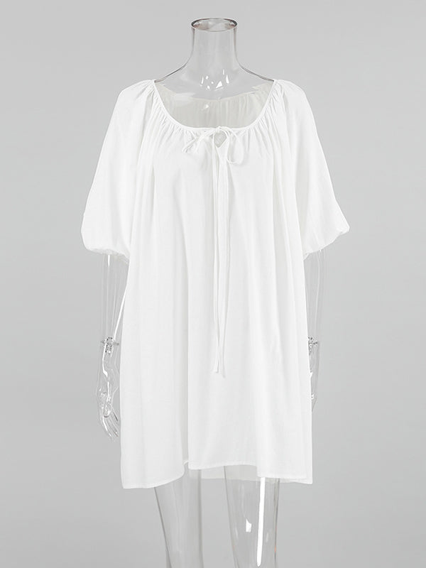 Loose Puff Sleeves Lace-Up Pleated See-Through Solid Color V-Neck Mini Dresses Sleep Dress