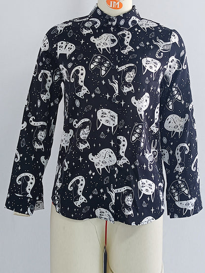 Long Sleeves Loose Animal Printed Buttoned Lapel Blouses&Shirts Tops