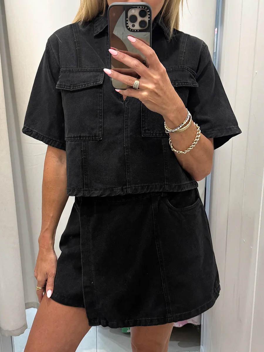 Lapel Short Sleeves Cropped Blouses&Shirts Tops + Buttoned Pockets Asymmetric Denim Shorts Two Pieces Set