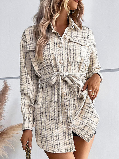 Long Sleeves Loose Buttoned Plaid Pockets Tied Waist Lapel Outerwear