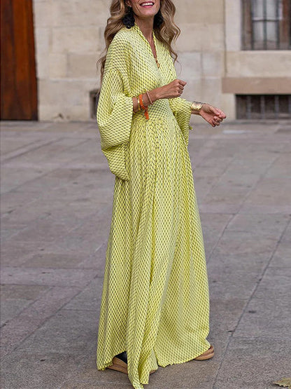 Raglan Sleeve Pleated Split-Joint V-Neck Maxi Dresses