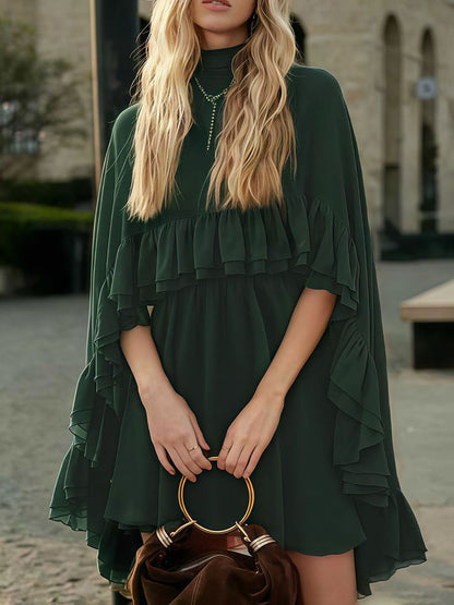 High Waisted Sleeveless Pleated Ruffled Solid Color Split-Joint Tied Mock Neck Mini Dresses Two Pieces Set