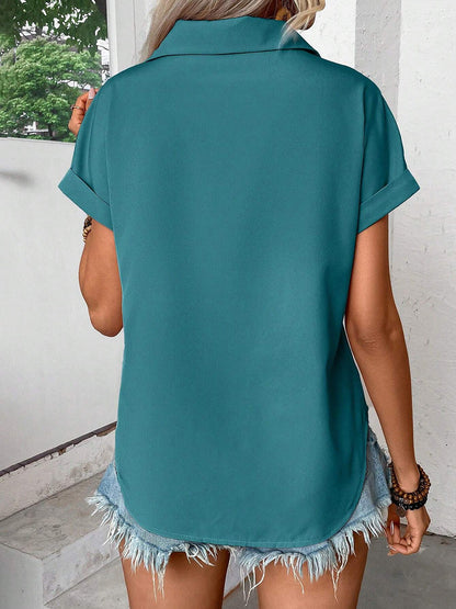 Loose Short Sleeves Buttoned Pleated Solid Color Lapel Blouses&Shirts Tops