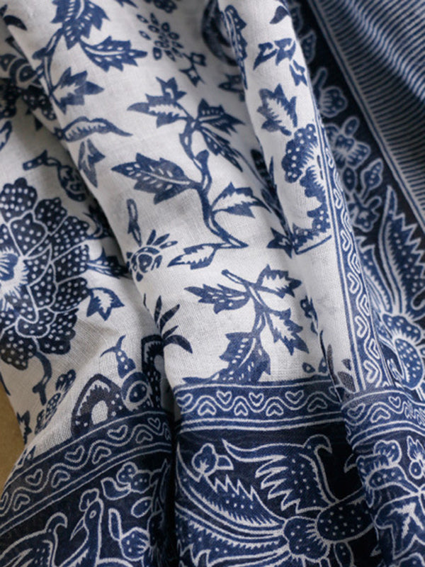 Printed Blue-And-White Sun-Protection Tasseled Shawl&Scarf