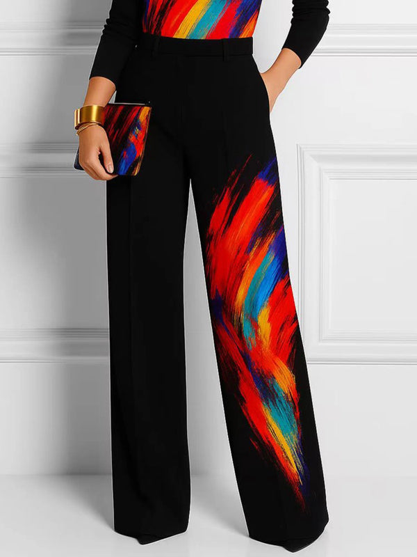 Wide Leg Contrast Color Pockets Printed Pants Trousers
