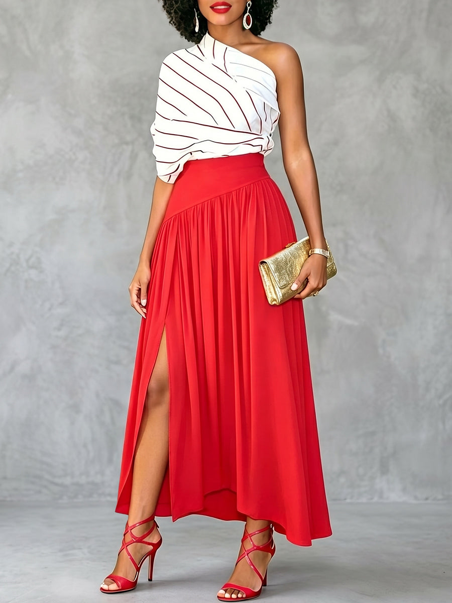 A-Line High Waisted Pleated Solid Color Split-Side Skirts Bottoms