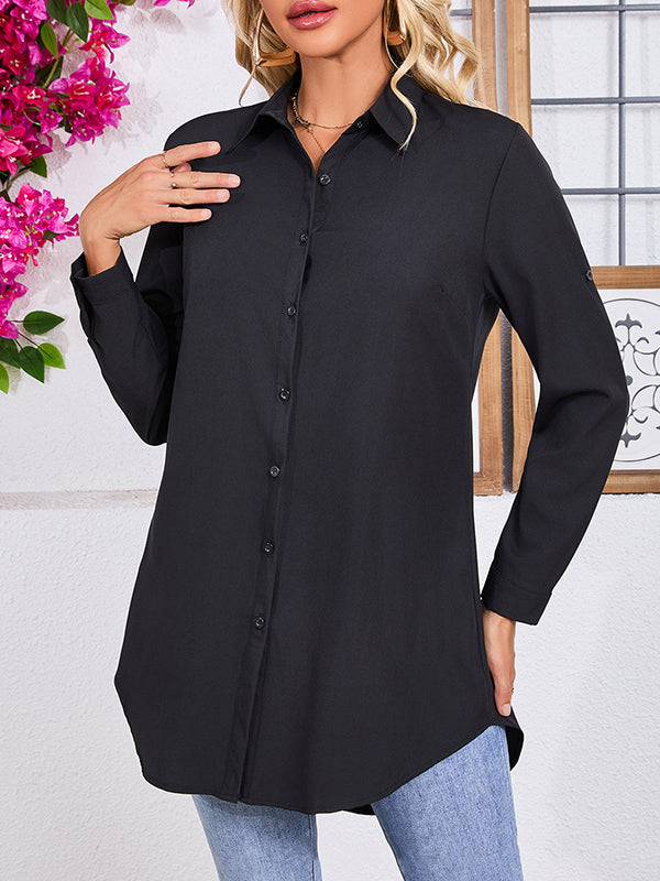 Long Sleeves Loose See-Through Solid Color Split-Joint Lapel Blouses