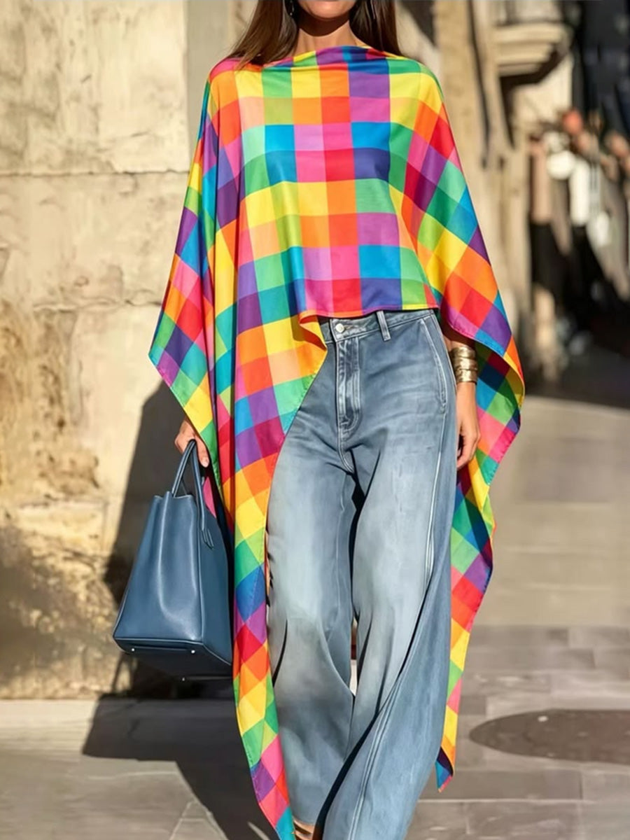 Rainbow Plaid Contrast Color Asymmetric Loose Long Sleeves Boat Neck Blouses&shirts Tops