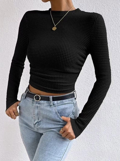 Long Sleeves Skinny Pleated Solid Color Split-Joint Textured Waffle Check Round-Neck T-Shirts Tops