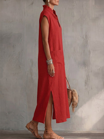 Loose Sleeveless Pockets Ruffle Trim Solid Color Split-Side Stand Collar Midi Dresses