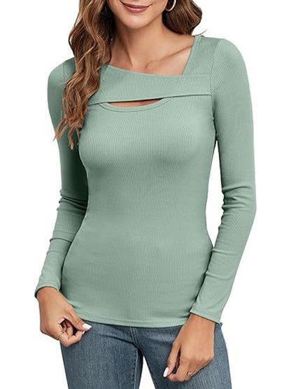 Long Sleeves Skinny Asymmetric Hollow Solid Color Split-Joint V-Neck T-Shirts