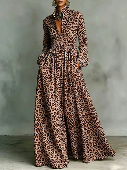 A-Line Long Sleeves Buttoned Contrast Color Leopard Pleated Pockets Lapel Maxi Dresses
