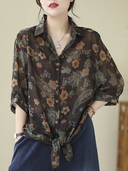 Long Sleeves Loose Buttoned Flower Print Tied Lapel Blouses&Shirts Tops