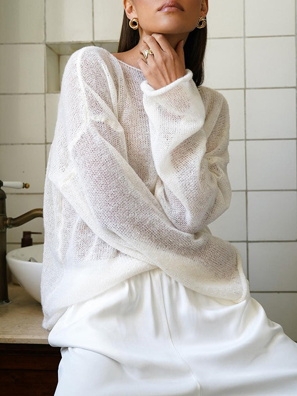 Long Sleeves Loose See-Through Solid Color Split-Joint Round-Neck Sweater Tops