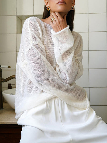 Long Sleeves Loose See-Through Solid Color Split-Joint Round-Neck Sweater Tops