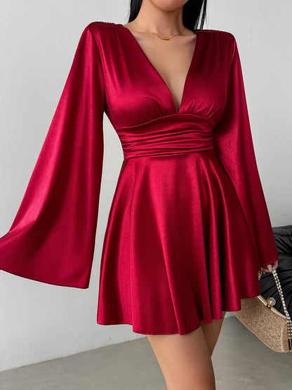 Bodycon Elasticated Waist Solid Color Deep V-Neck Mini Dresses