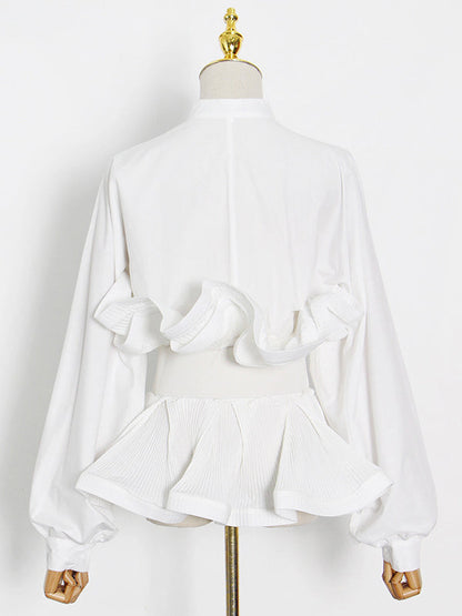 Stylish Loose Long Sleeves Buttoned Falbala Belted Solid Color Stand Collar Blouses&Shirts Tops