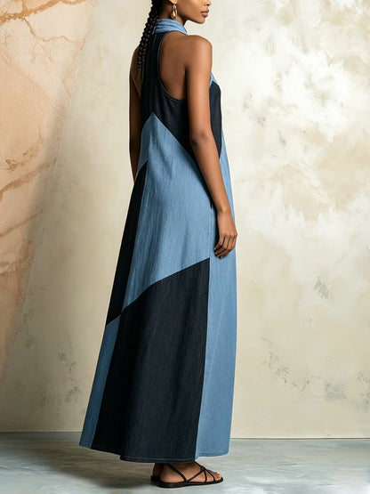 A-Line Loose Contrast Color Pockets Split-Joint Zipper Halter-Neck Maxi Dresses