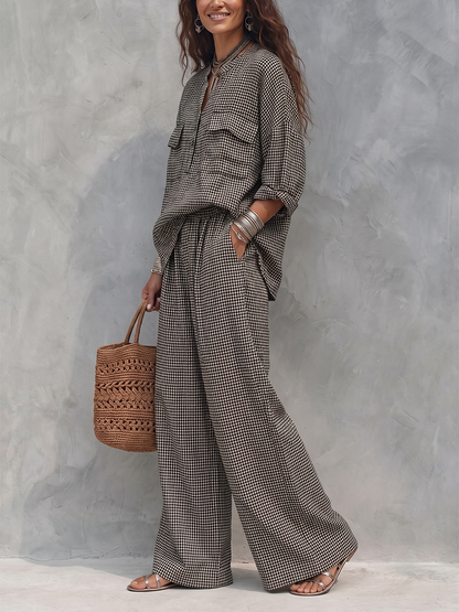 Pockets Plaid Elasticity Contrast Color Wide Leg Loose Trousers Pants