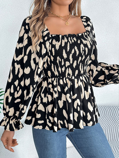 Long Sleeves Puff Sleeves Leopard Pleated Ruffled Square-Neck T-Shirts Tops