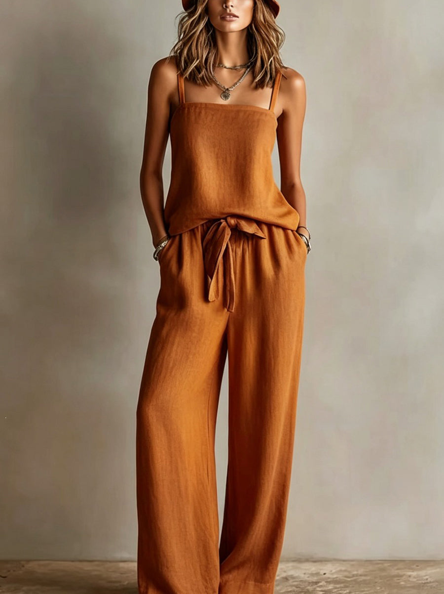 Loose Plus Size Pockets Solid Color Tied Spaghetti-Neck Vest Top + Pants Bottom Two Pieces Set