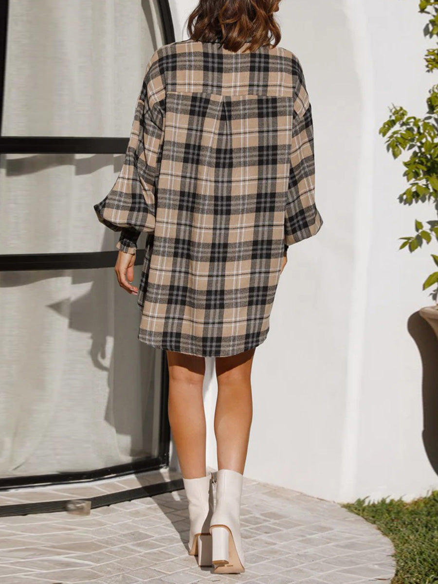 Long Sleeves Loose Buttoned Plaid Pleated Lapel Blouses&Shirts Tops