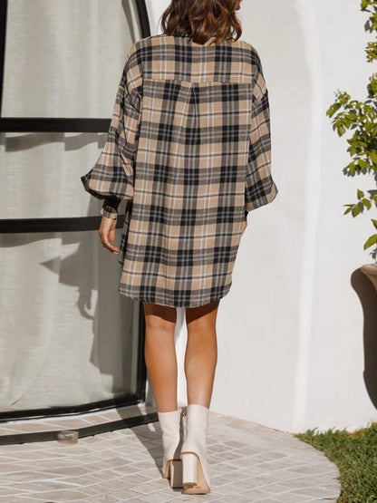 Long Sleeves Loose Buttoned Plaid Pleated Lapel Blouses&Shirts Tops