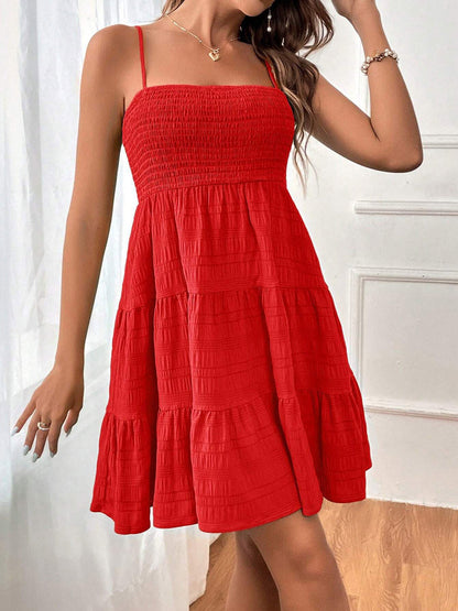 Elasticated Waist High Waisted Pleated Solid Color Split-Joint Spaghetti-Neck Mini Dresses
