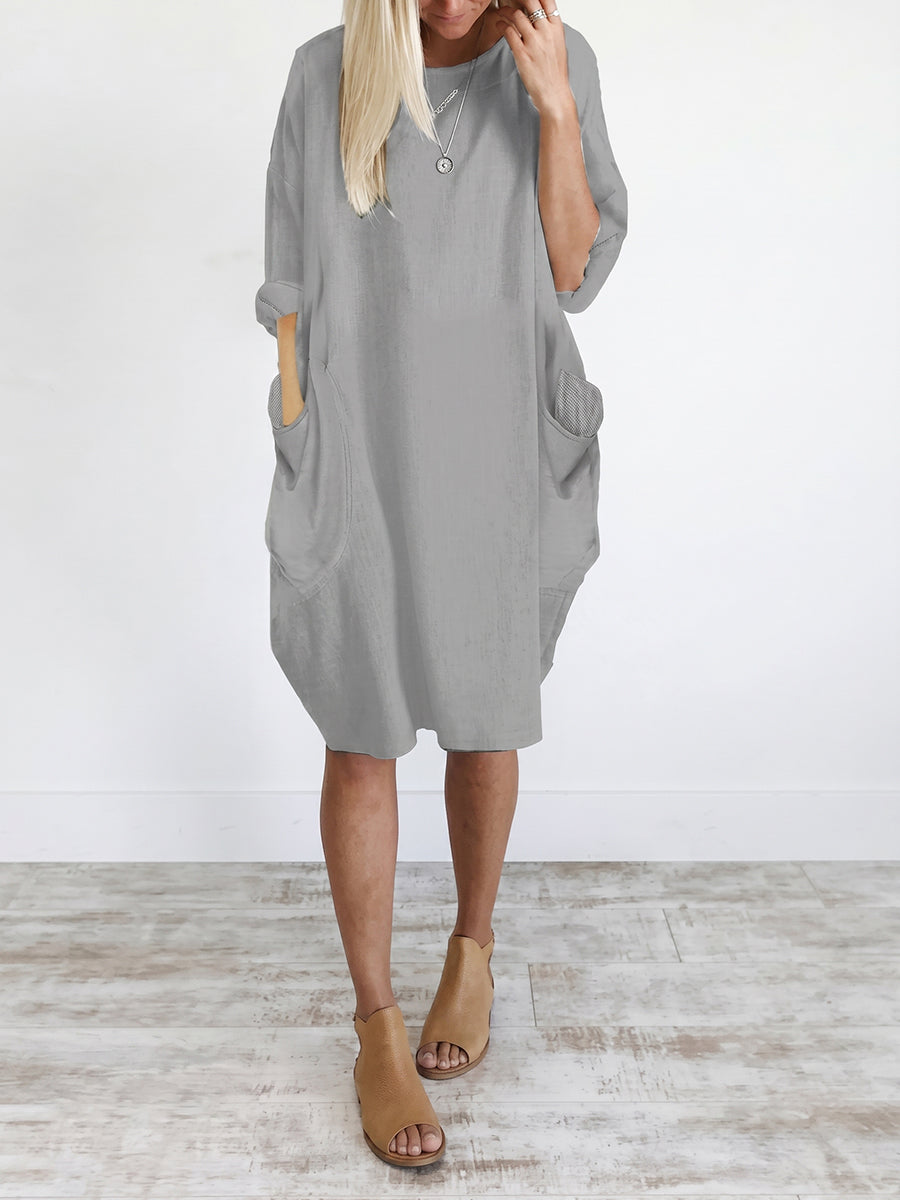Long Sleeves Loose Pockets Solid Color Round-Neck Mini Dresses