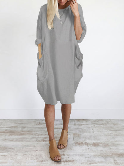 Long Sleeves Loose Pockets Solid Color Round-Neck Mini Dresses