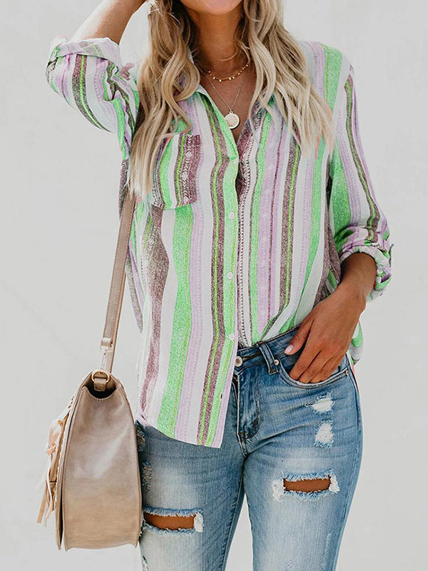 High-Low Long Sleeves Buttoned Pockets Striped Lapel Blouses&Shirts Tops