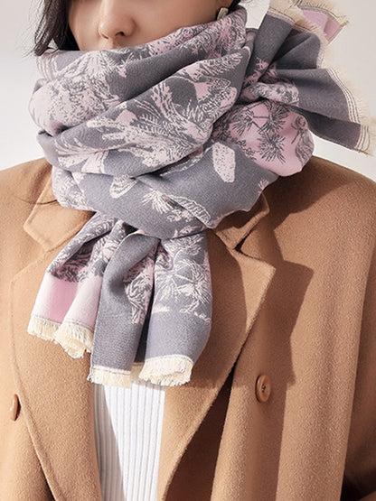 Contrast Color Floral Tasseled Shawl&Scarf