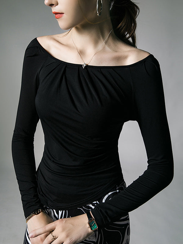 Long Sleeves Skinny Asymmetric Pleated Solid Color One-Shoulder T-Shirts Tops