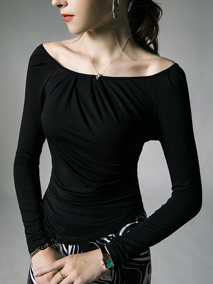 Long Sleeves Skinny Asymmetric Pleated Solid Color One-Shoulder T-Shirts Tops