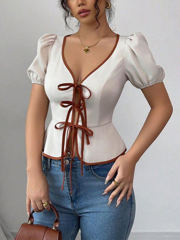 Loose Puff Sleeves Elasticity Pleated Tied V-Neck Blouses&Shirts Tops