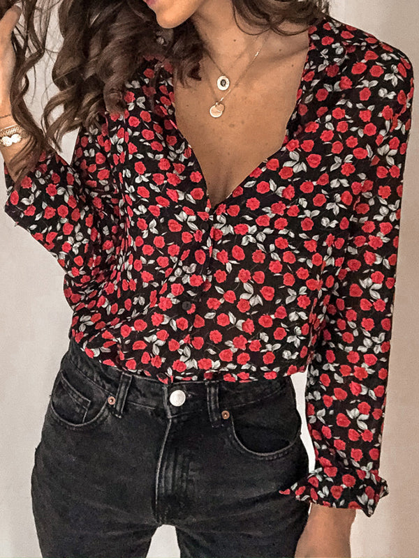 Long Sleeves Loose Buttoned Flower Print Lapel Blouses&Shirts Tops